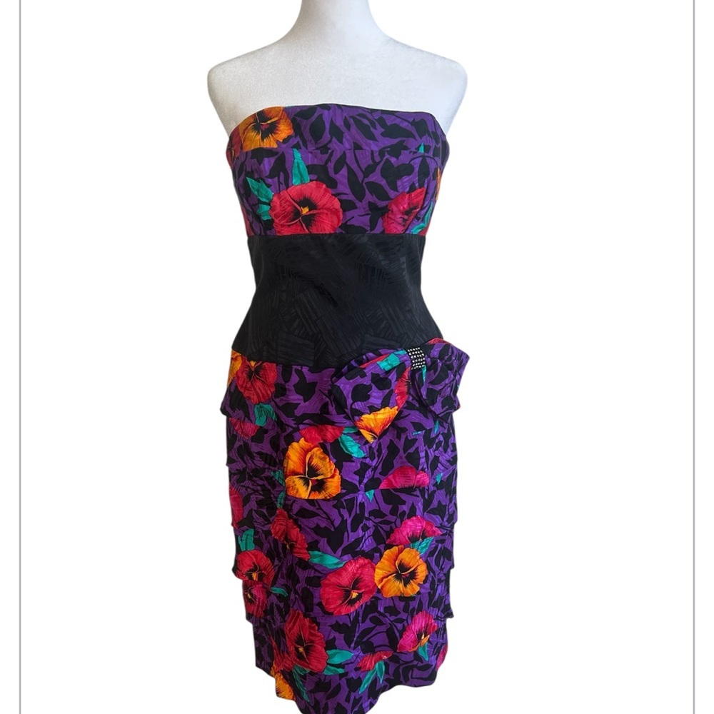 A.J. Bari Strapless Purple Floral Dress